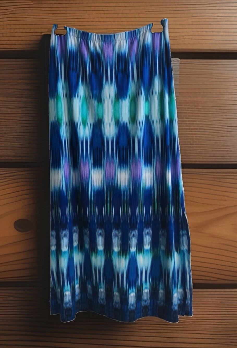 Chico’s Women’s 2 Blue Purple White Geometric Knit Pull-On A-Line Long Skirt